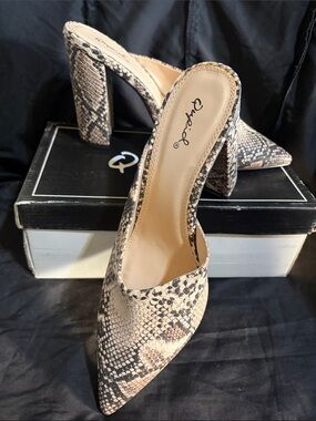 Qupid Neutral Snake-Print Pointed Toe Heel Mules